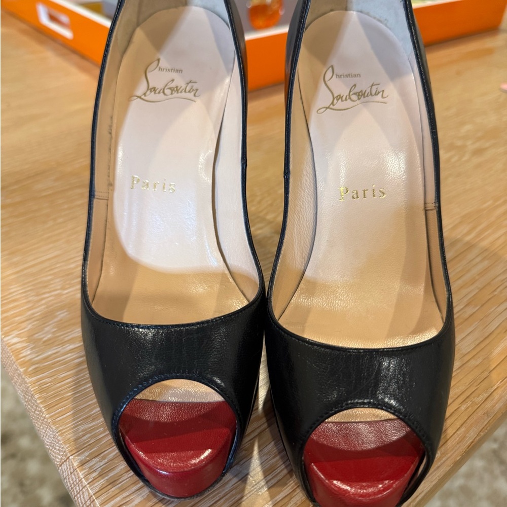 Christian Louboutin Privé Black and Red Peep Toe Pumps